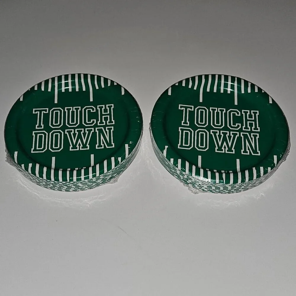 NEW 2 Pkgs Paper Plates Lot (30/pk) Football Touchdown Party Green White 6.75